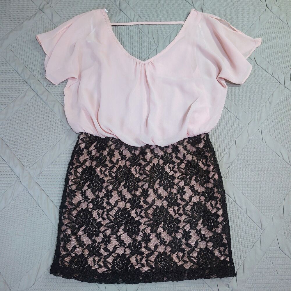 Profile Pink Chiffon Semi Sheer Flowy Top Black Lace Bottom Dress Coquette Sz L